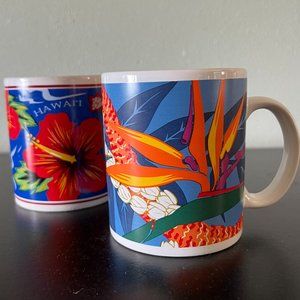 Set of 2 Vintage Hilo Hattie Mugs ~ Bird Of Paradise ~ Red Hibiscus